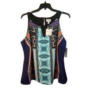 Bisou Bisou Lined Tank Blouse Patched Tribal Print Designer‎ 2X NWT